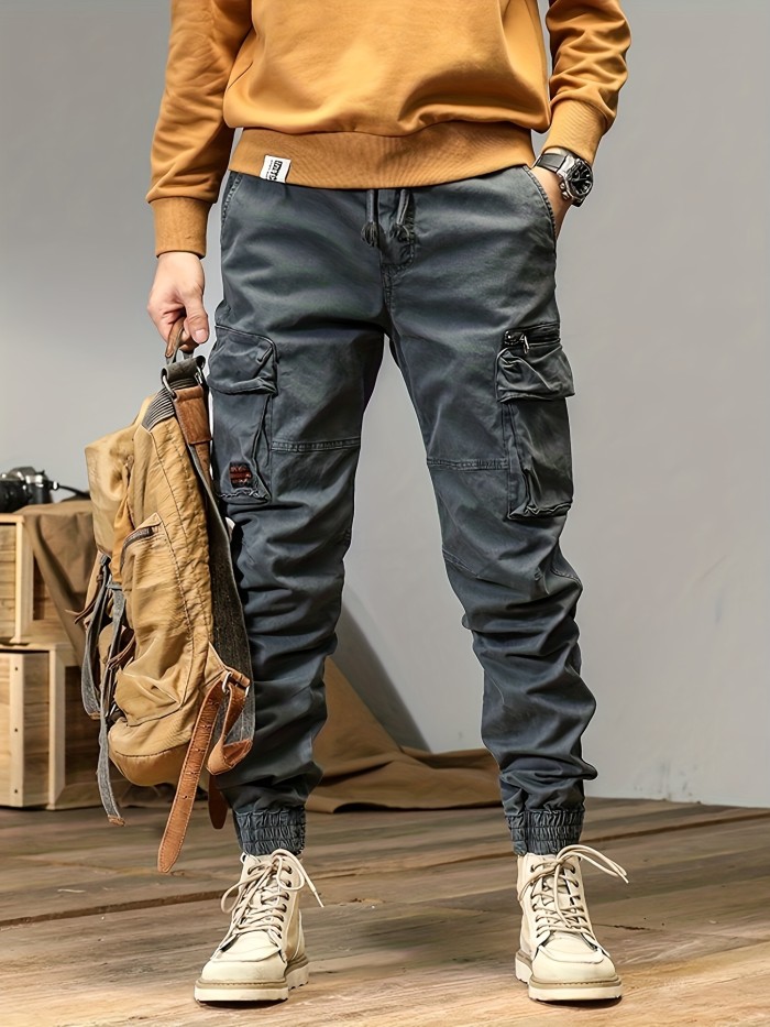 Trendy Solid Cargo Cotton Pants, Men's Multi Flap Pocket Trousers, Loose Casual Outdoor Pants, Men's Work Pants Outdoors Streetwear Hip Hop Style