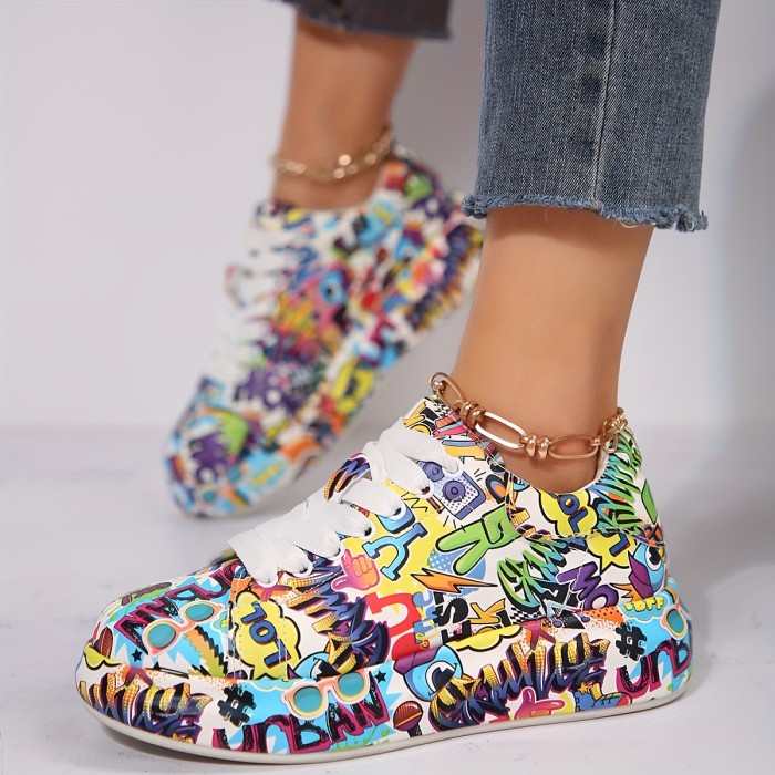 Women's Graffiti Print Casual Sneakers, Platform Heightened Lace Up Soft Sole Walking Shoes, Low-top Versatile Sporty Trainers
