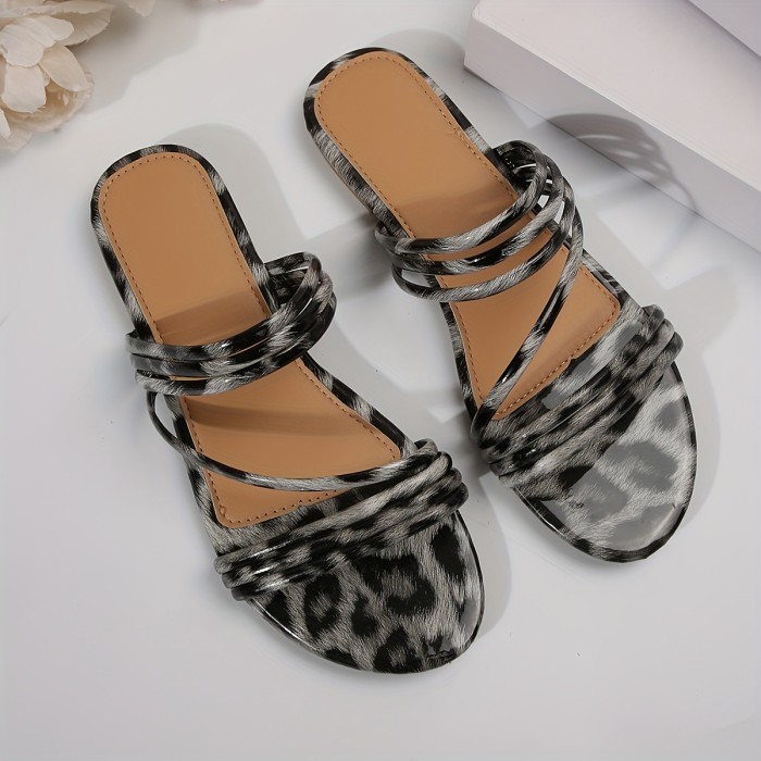 Women's Leopard Print Slide Sandals, Casual Open Toe Flat Summer Shoes, Lightweight Slide Sandals