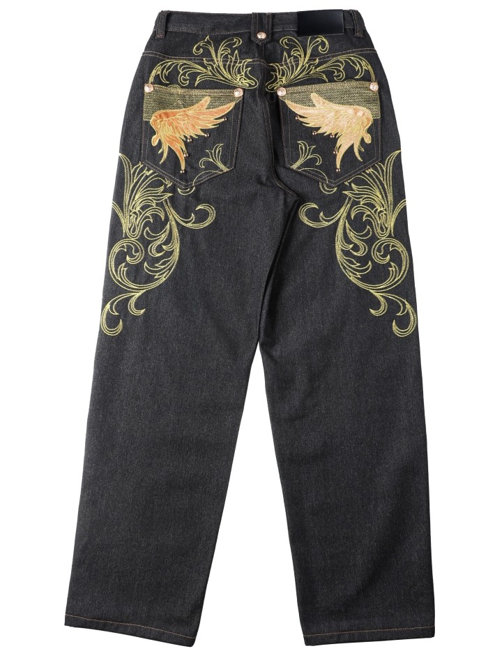 Men's Golden Embroidered Pattern Loose Fit Wide Leg Jeans, Chic Street Style Denim Pants, Men's Trendy HIPHOP Street Dance Casual Loose Skateboard Denim Pants