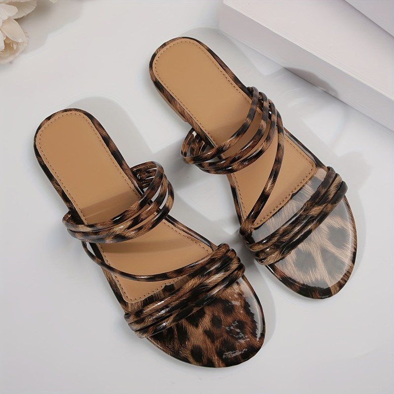 Women's Leopard Print Slide Sandals, Casual Open Toe Flat Summer Shoes, Lightweight Slide Sandals