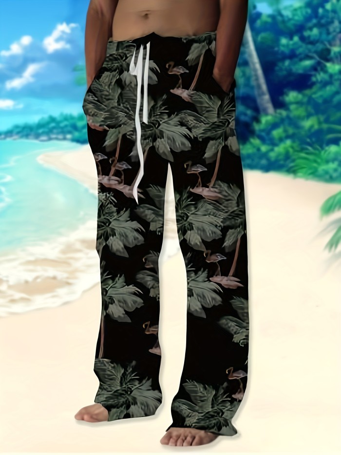 Men's Drawstring Wide Leg Beach Pants - Trendy Pattern, Casual Baggy Fit, Yoga Trousers - Streetwear Hiphop Style