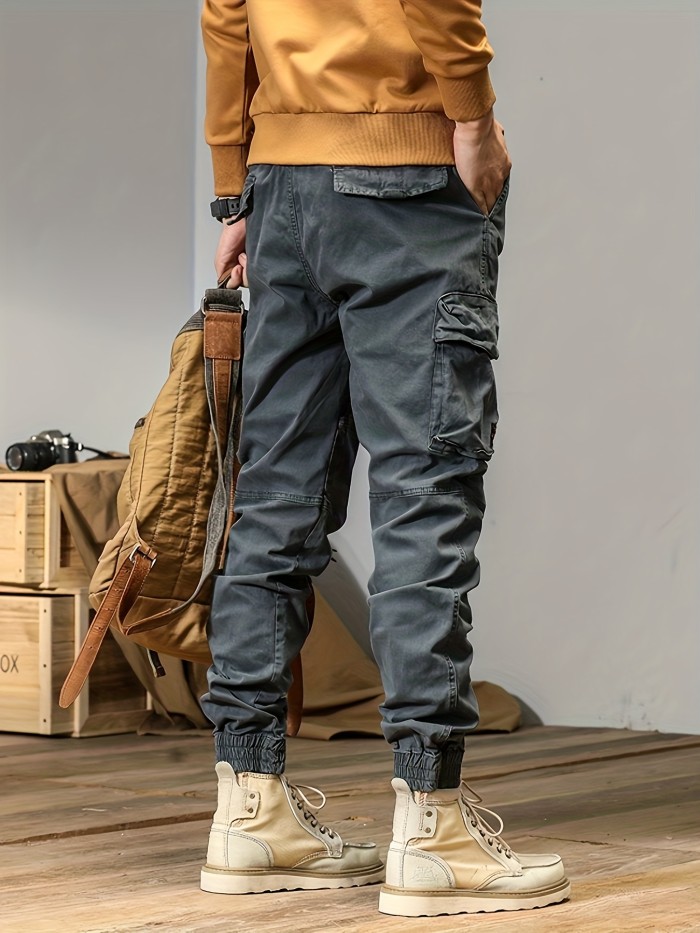 Trendy Solid Cargo Cotton Pants, Men's Multi Flap Pocket Trousers, Loose Casual Outdoor Pants, Men's Work Pants Outdoors Streetwear Hip Hop Style