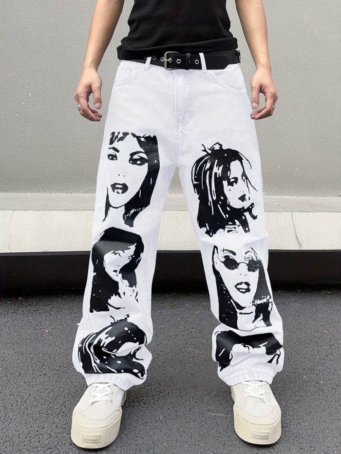 Men's Casual Loose Fit Wide Leg Jeans - Street Style Portrait Print - Comfortable and Stylish
