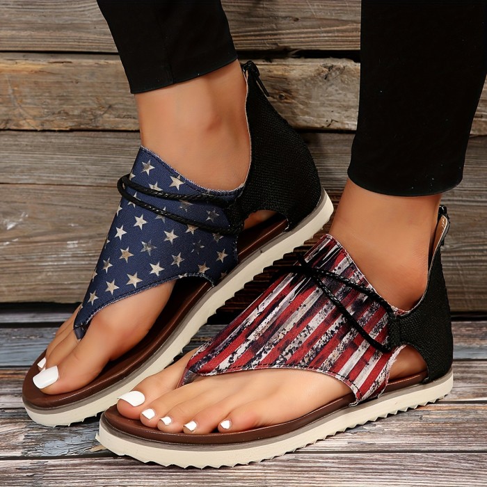 Women's Flag Pattern Trendy Sandals, Retro Back Zipper Design Flat Thong Sandals, Canvas Sandals For The 4th Of July
