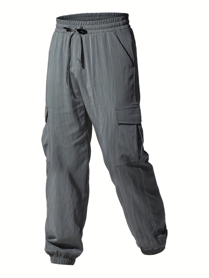 Men's Solid Footed Loose Cargo Pants With Drawstring, Non Stretch Long Pants For Men's Outdoor Casual Activities