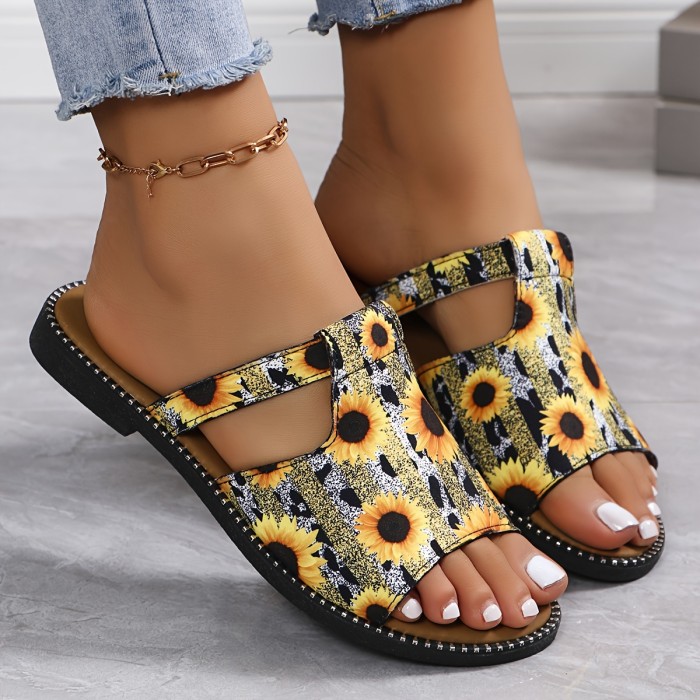 Women's Sunflower Print Slide Sandals, Casual Open Toe Summer Shoes, Lightweight Slip On Beach Shoes