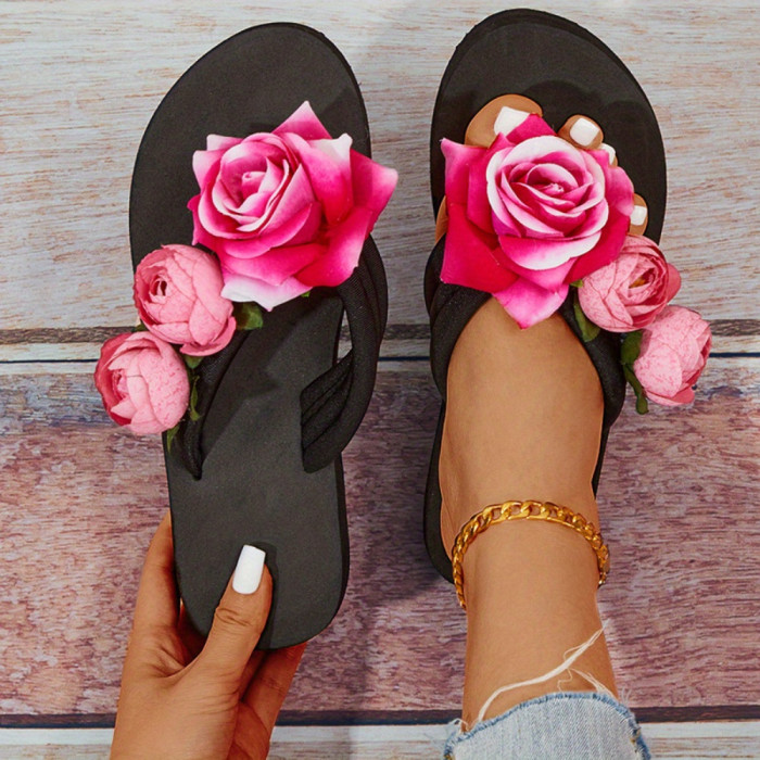 Fashion Flowers Decor Flip Flops, Women's Slip On Flatform Slide Shoes, Casual Outside Beach Slides