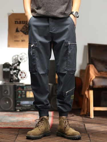 Men's Solid Cargo Pants For Spring Fall, Trendy Casual Trousers