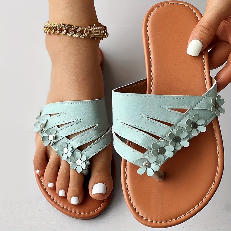 Women's Floral Decor Thong Sandals - Non-slip Soft Sole Lightweight Slides