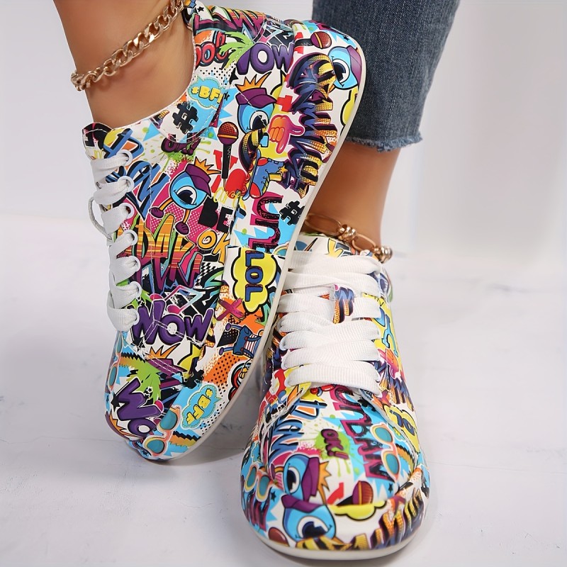 Women's Graffiti Print Casual Sneakers, Platform Heightened Lace Up Soft Sole Walking Shoes, Low-top Versatile Sporty Trainers