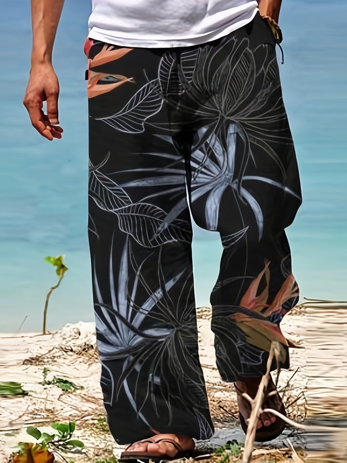 Men's Drawstring Wide Leg Beach Pants - Trendy Pattern, Casual Baggy Fit, Yoga Trousers - Streetwear Hiphop Style