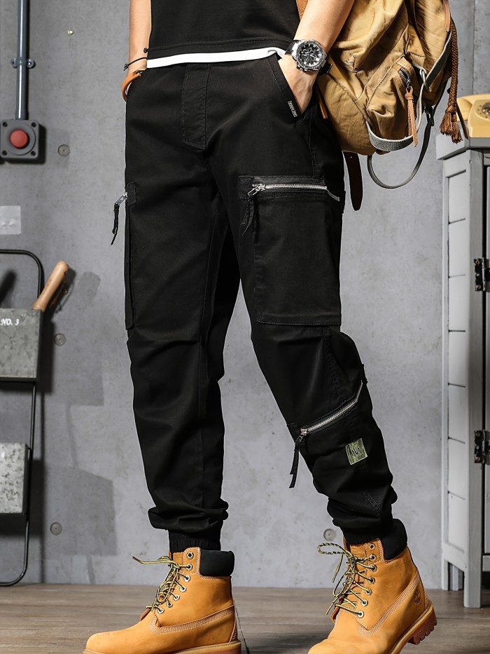 Men's Solid Cargo Pants For Spring Fall, Trendy Casual Trousers