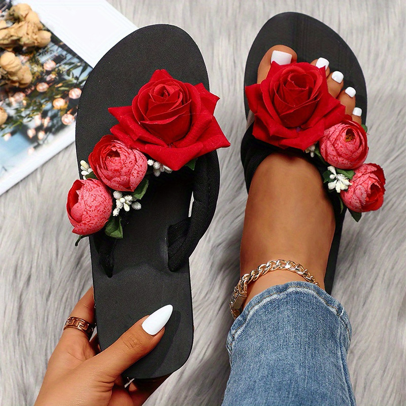 Fashion Flowers Decor Flip Flops, Women's Slip On Flatform Slide Shoes, Casual Outside Beach Slides