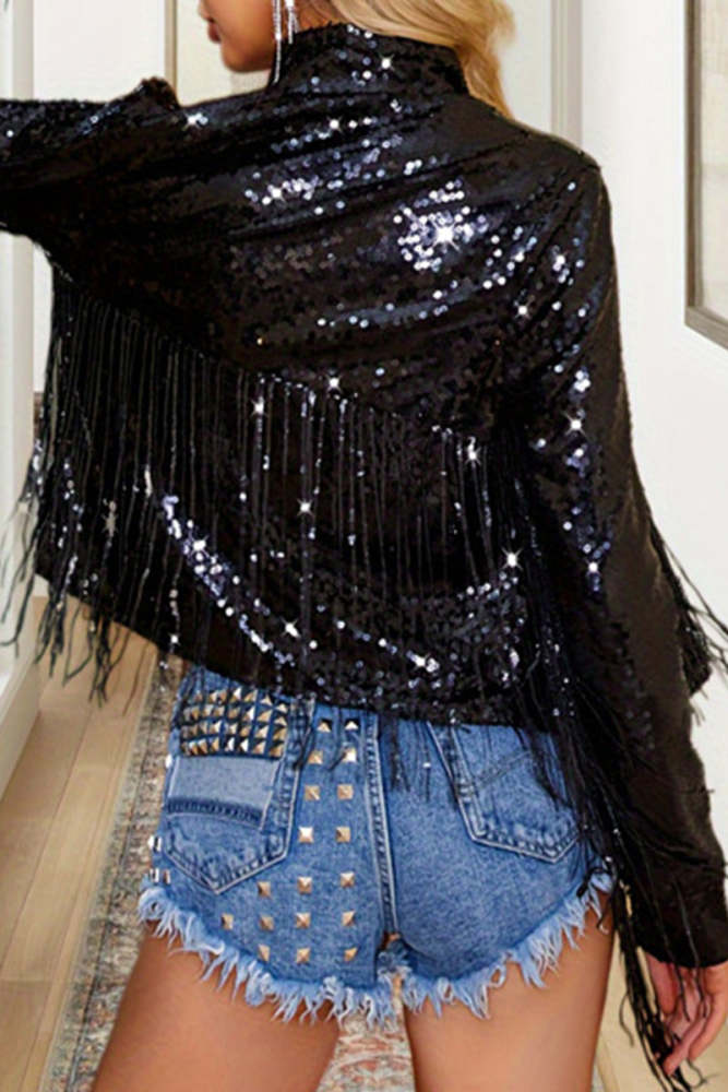 Casual Solid Tassel Sequined Mandarin Collar Outerwear