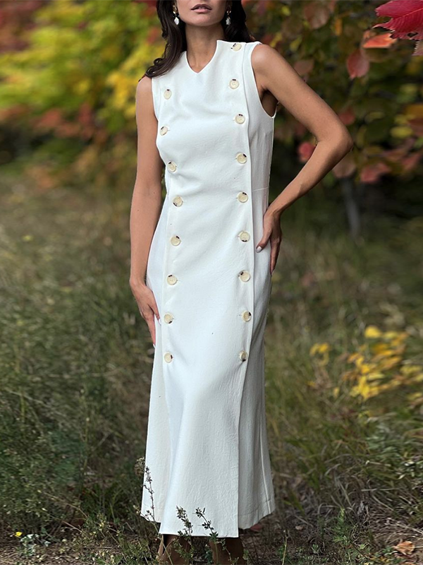 Column Sleeveless Solid Color Split-Joint Split-Side Round-Neck Maxi Dresses