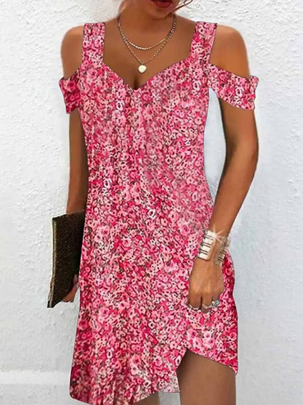 [XL-4XL] Short-Sleeve Cold Shoulder Floral Print Maxi A-Line Dress