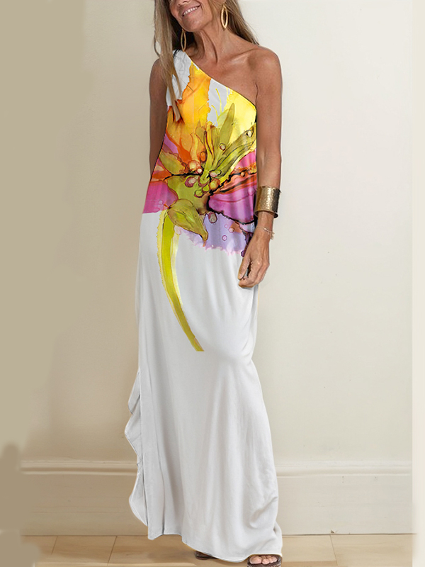 Let's Elope Floral Print Pleated One Shoulder Sleeve Slit Maxi Dress