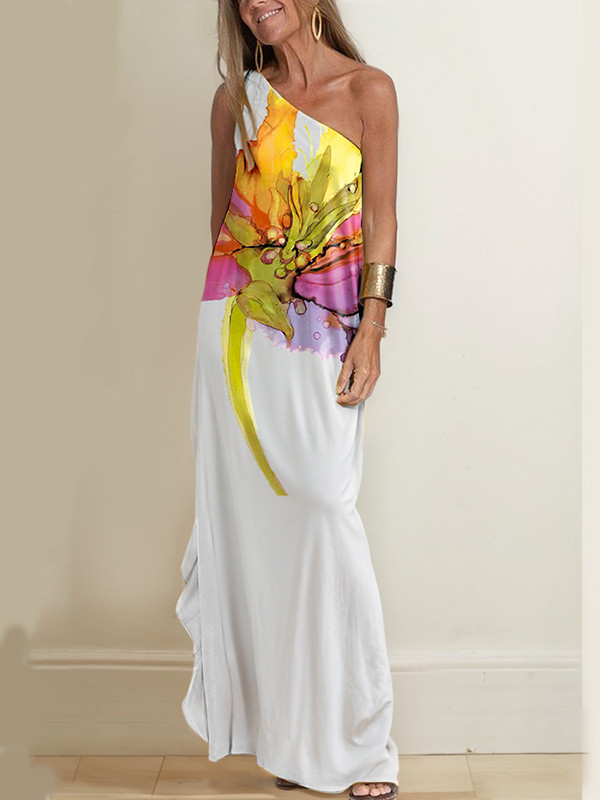 Loose Sleeveless Asymmetric Flower Print One-Shoulder Maxi Dresses