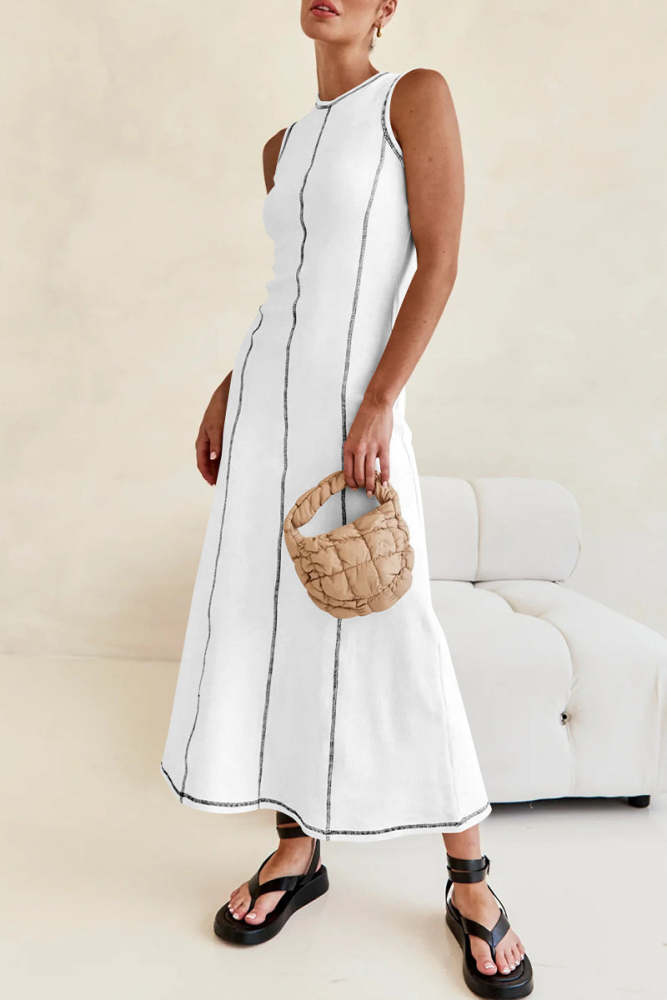 Casual Striped Contrast Weave O Neck Sleeveless Dresses