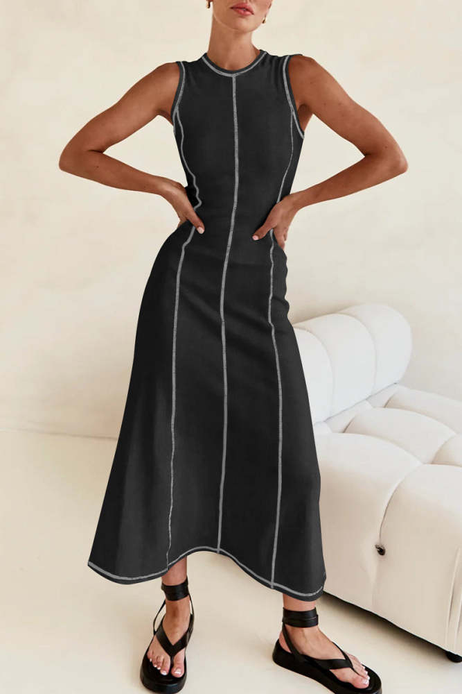 Casual Striped Contrast Weave O Neck Sleeveless Dresses