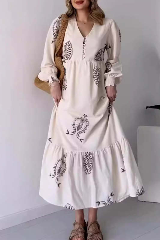 Casual Vintage Geometric Print Buckle V Neck Printed Dresses