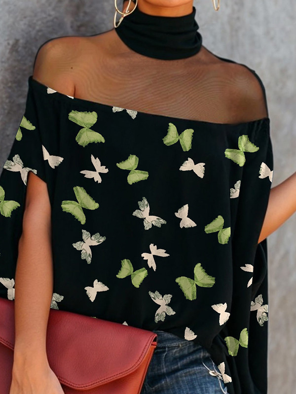Batwing Sleeves Loose Butterfly Print Mesh Split-Joint High Neck T-Shirts Tops