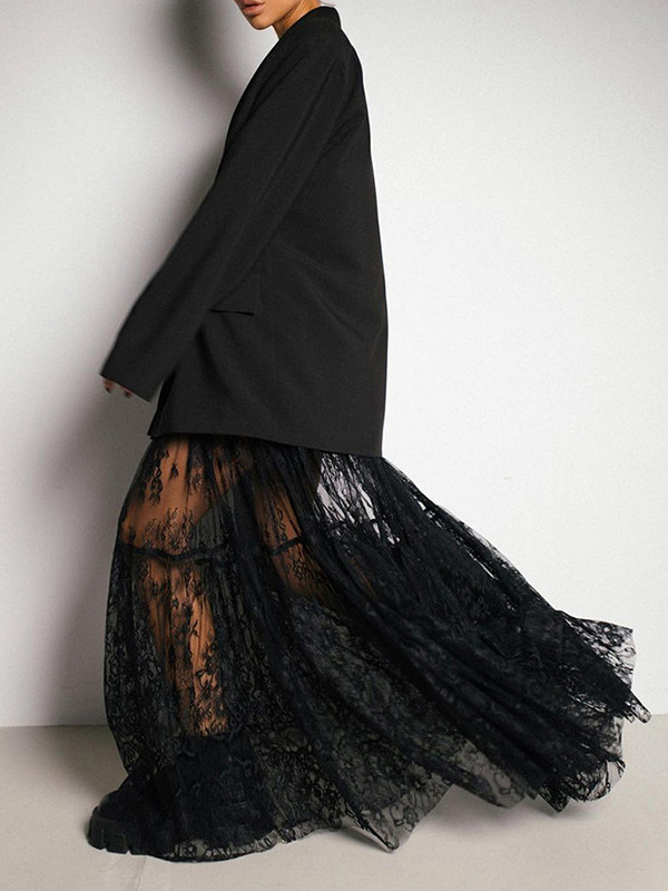 A-Line High Waisted Elasticity Hollow Jacquard Mesh See-Through Split-Joint Skirts Bottoms