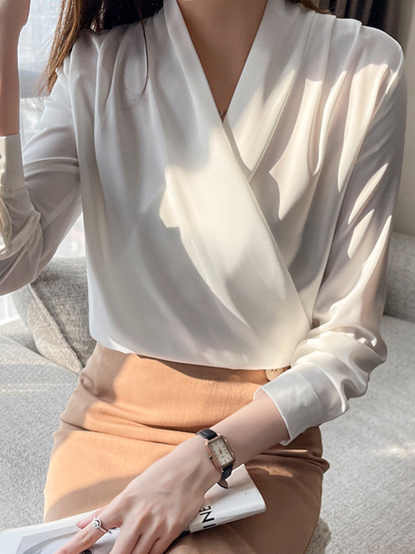Long Sleeves Loose Buttoned Solid Color V-Neck Blouses&Shirts Tops