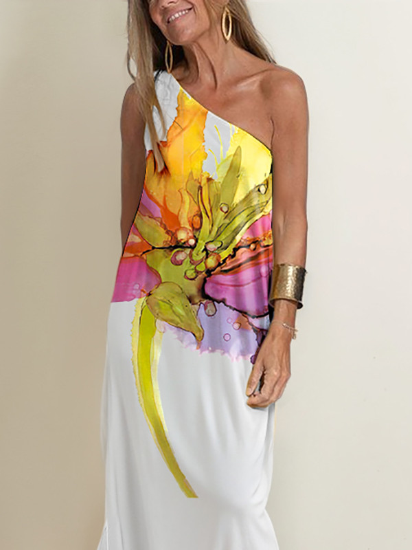 Loose Sleeveless Asymmetric Flower Print One-Shoulder Maxi Dresses