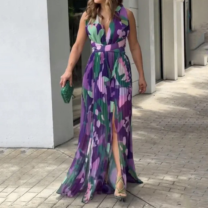 Elegant Printed Party Sexy V Neck Slit Boho Casual Maxi Dress