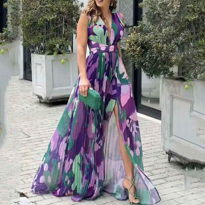 Elegant Printed Party Sexy V Neck Slit Boho Casual Maxi Dress