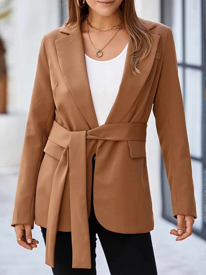 Solid Color Open Front Blazer, Elegant Lapel Neck Belt Long Sleeve Blazer For Spring & Fall, Women's Clothing