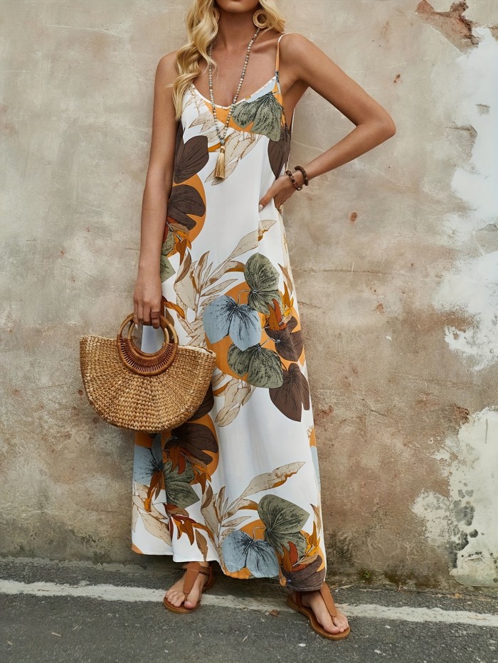 Plant Print Spaghetti Strap Maxi Dress, Vacation Sleeveless V Neck Cami Dress For Spring & Summer, Women's Clothing
