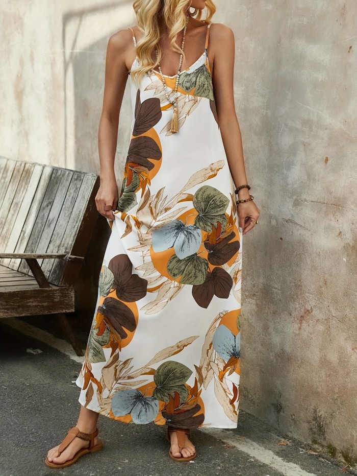 Plant Print Spaghetti Strap Maxi Dress, Vacation Sleeveless V Neck Cami Dress For Spring & Summer, Women's Clothing