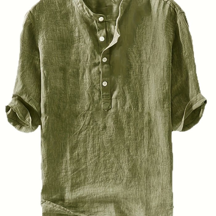 Mens Linen Shirts Henley 3\u002F4 Sleeve Casual Cotton T-Shirt Regular-Fit Lightweight Beach Yoga Tunic Tops