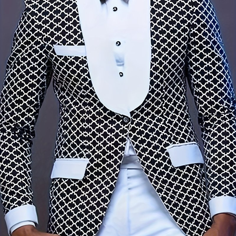 Men's Casual Blazer Jacket, Slim Fit Stylish Coat, Geometric Print Design Color Block Stripes Comfortable Loose Outerwear For Business And Leisure