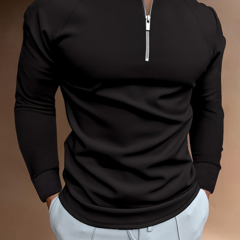 Men's Solid Color Slim Fit And Long Sleeve Sports Shirt With Zippered Henley Neck And Stand Collar, Casual And Trendy Tops For Men's Leisure Wear And Outdoors Activities