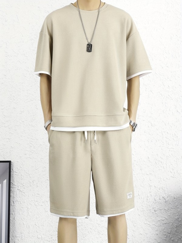 Men's Casual 2pcs Set, Chic Solid Color T-Shirt + Active Shorts Matching Set For Beach Resort Sports