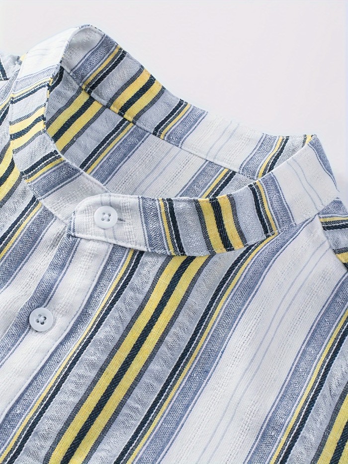 Men's Casual Cotton-Linen Striped Henley Collar Shirt With Button-up Design & Cuffed Sleeves