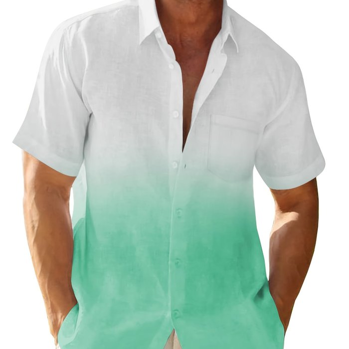 Mens Gradient Linen Shirts Casual Button Down Short Sleeve Beach Summer Shirts