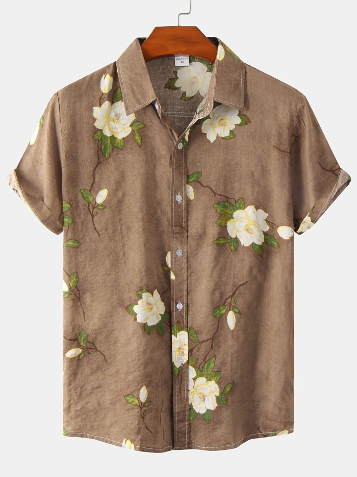 Men's Casual Slim Short Sleeve Shirts With Flower For Summer