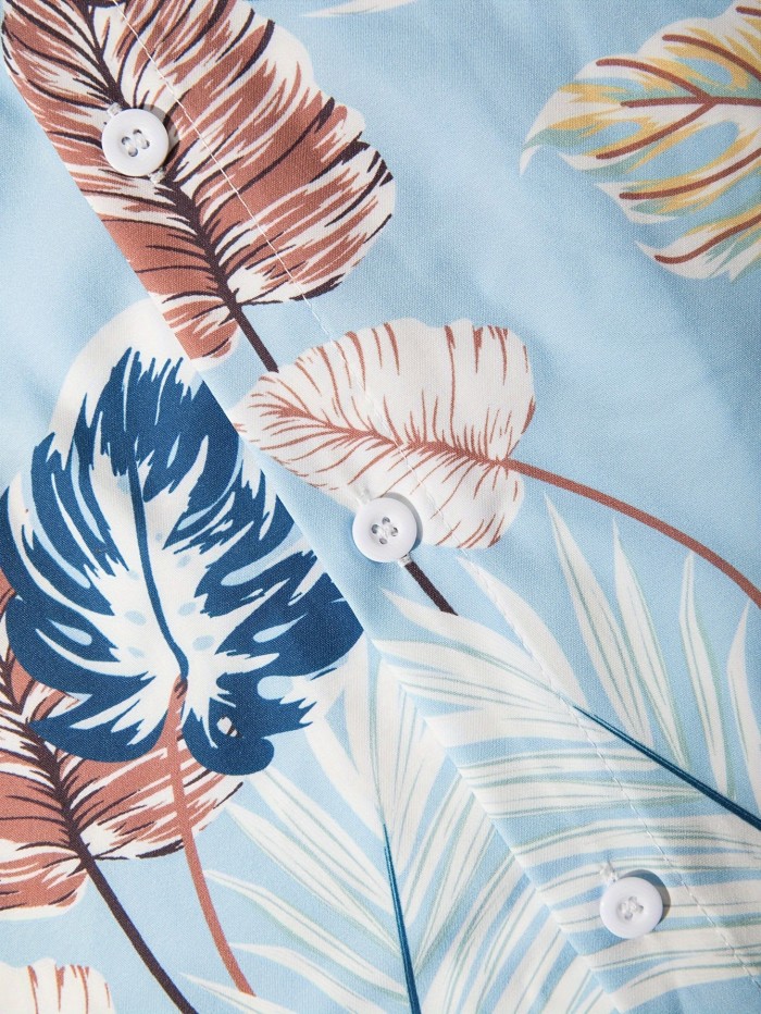 Men's 2-Piece Set, Tropical Leaf Print, Casual Short Sleeve Shirt with Matching Shorts, Spring\u002FSummer Outfit, Light Blue, Leisure Wear