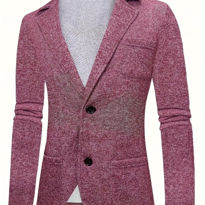 Chic Knitted Two Button Blazer, Men's Casual Lapel Suit Jacket For Spring Fall Business