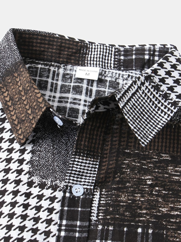 Men's Check Panel Contrast Color Casual Linen Short Sleeve Shirt Best Sellers