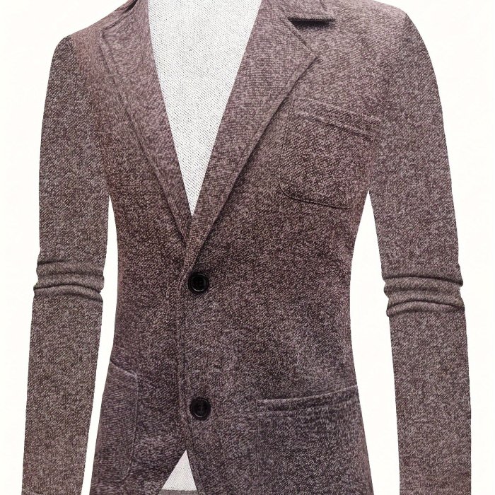 Chic Knitted Two Button Blazer, Men's Casual Lapel Suit Jacket For Spring Fall Business