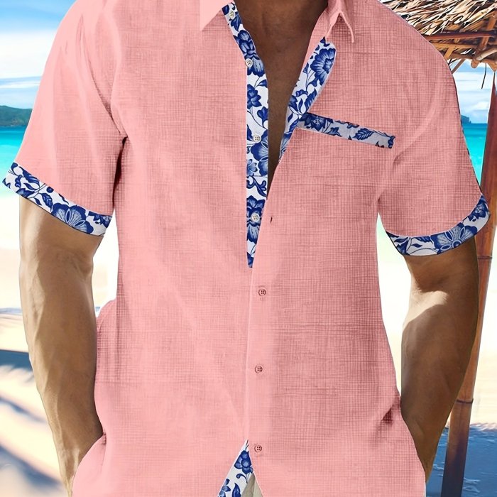 Men's Trendy Floral Edge Shirt, Casual Button Up Short Sleeve Lapel Shirt For Summer Outdoor