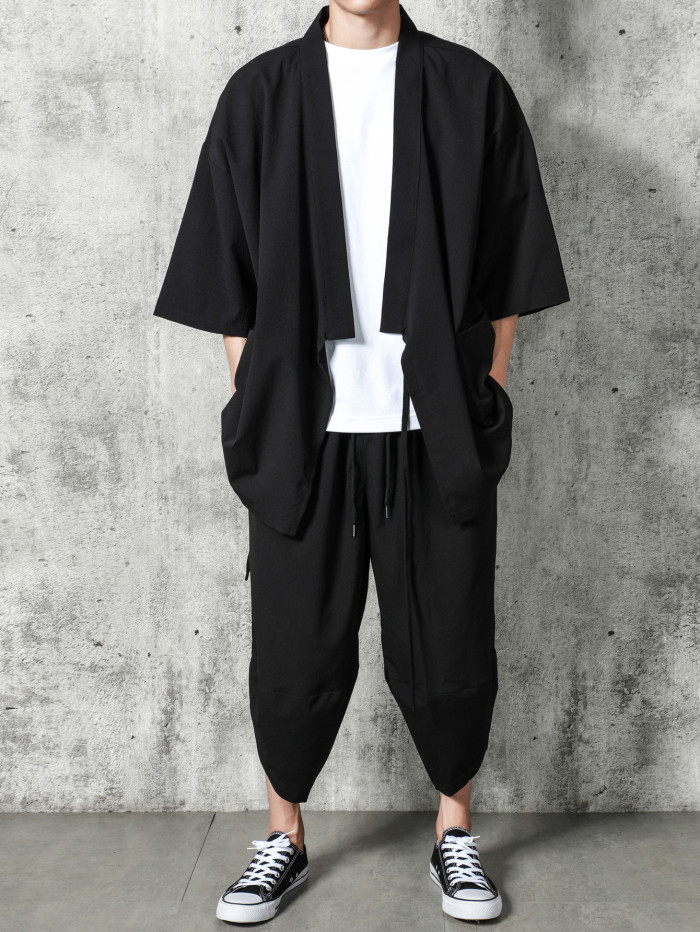 Men's 2Pcs Oriental Ethnic Outfit, Solid Casual Kimono Cardigan & Loose Harem Pants Set, Costume Suit Set, Traditional Clothing For Men