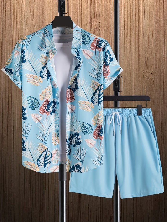 Men's 2-Piece Set, Tropical Leaf Print, Casual Short Sleeve Shirt with Matching Shorts, Spring\u002FSummer Outfit, Light Blue, Leisure Wear