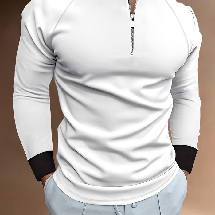 Men's Solid Color Slim Fit And Long Sleeve Sports Shirt With Zippered Henley Neck And Stand Collar, Casual And Trendy Tops For Men's Leisure Wear And Outdoors Activities